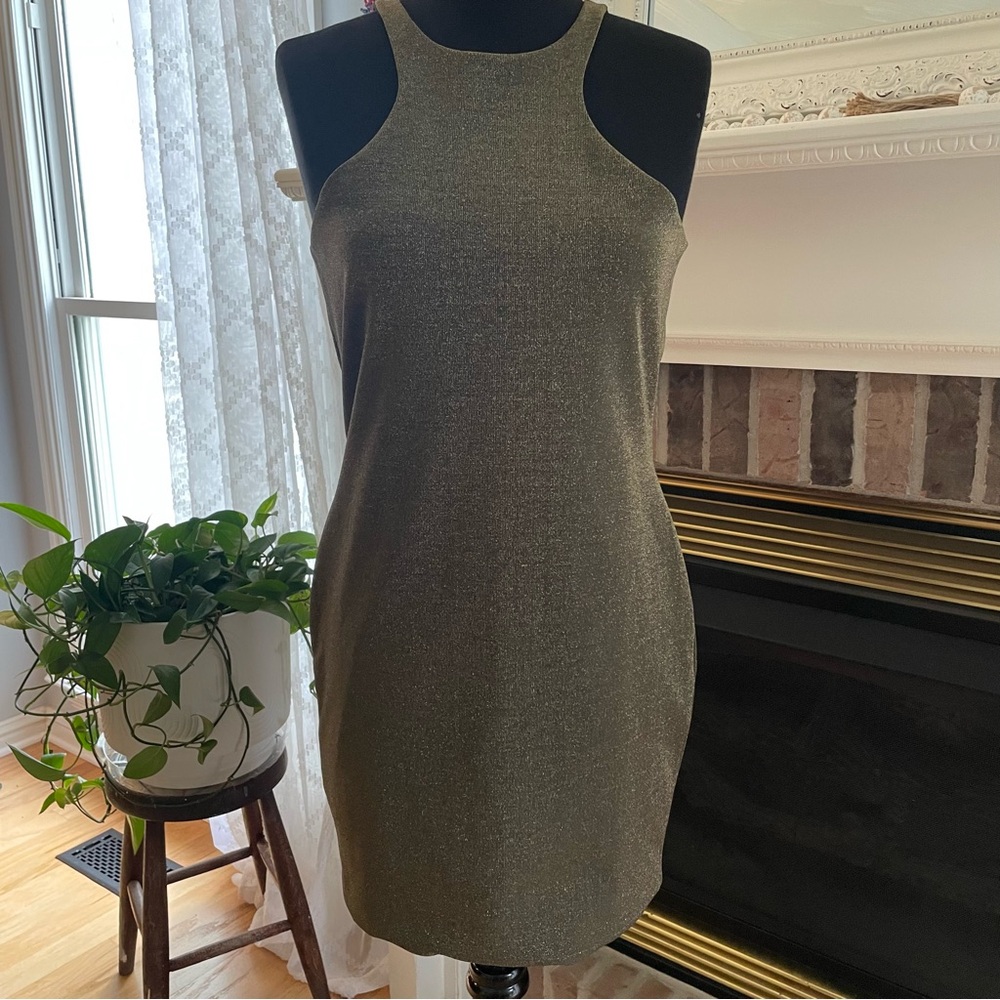 All Saints NORMA Metallic Gold Halter Zipper Closure Mini Dress Size 8